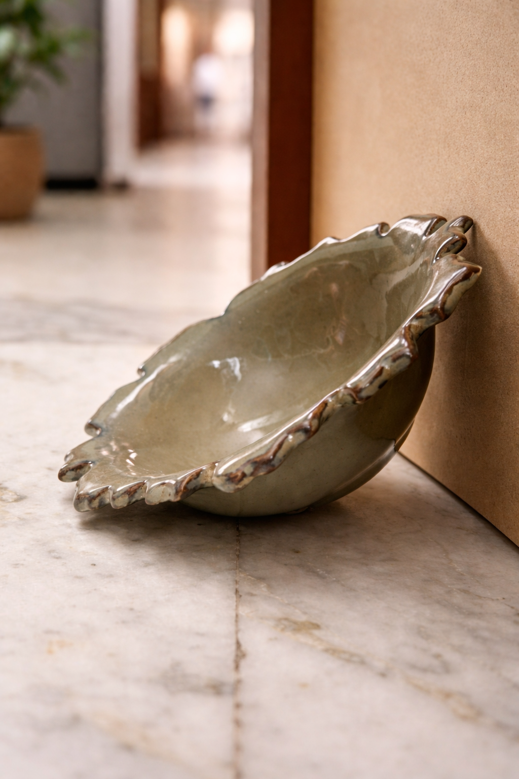 Olive Glaze Scalloped Serving Bowl