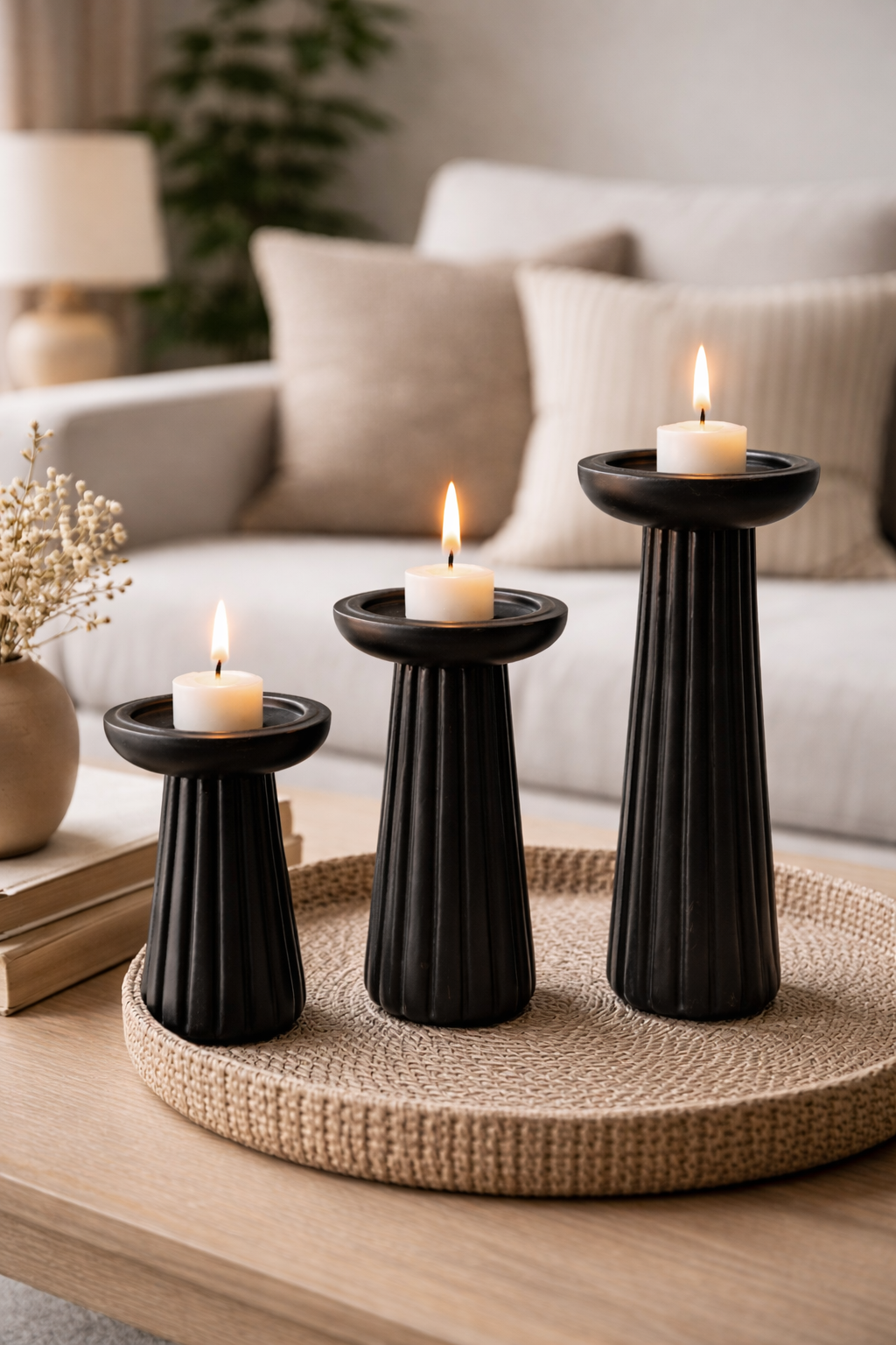 Obsidian Rise – Wooden Candle Holder Set