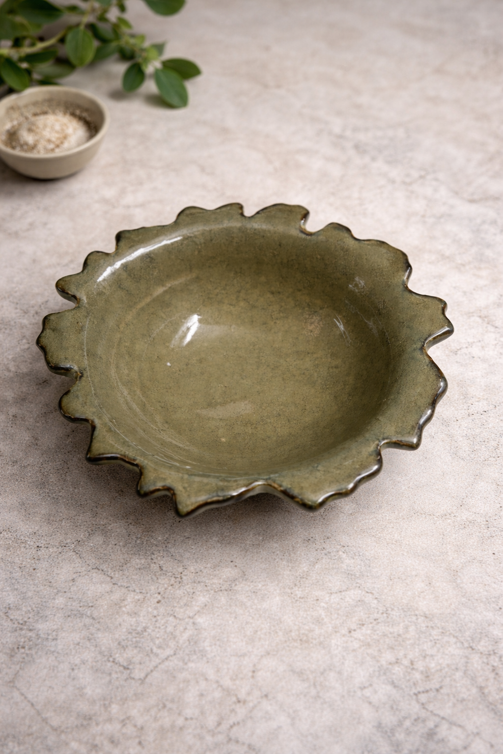 Olive Glaze Scalloped Serving Bowl