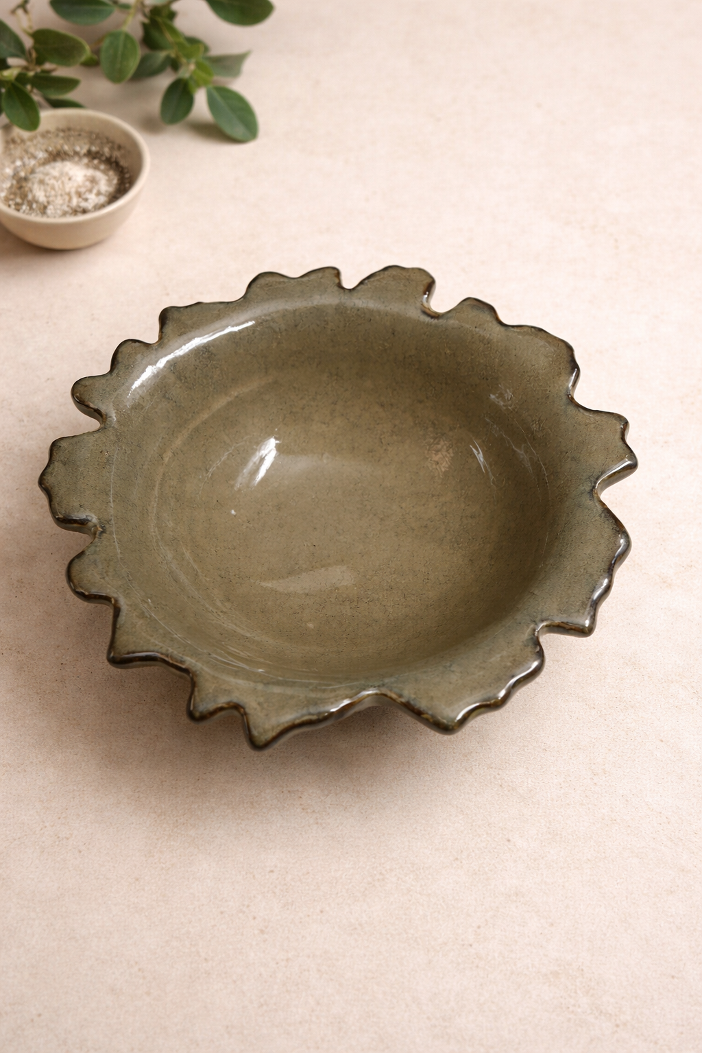 Olive Glaze Scalloped Serving Bowl